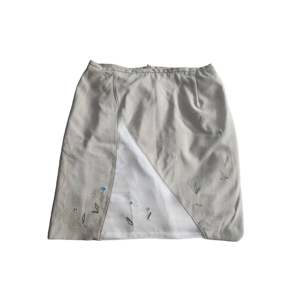 90s Vintage Lined Mini Skirt Short Linen Floral Embroidery Sheer Rayon 14